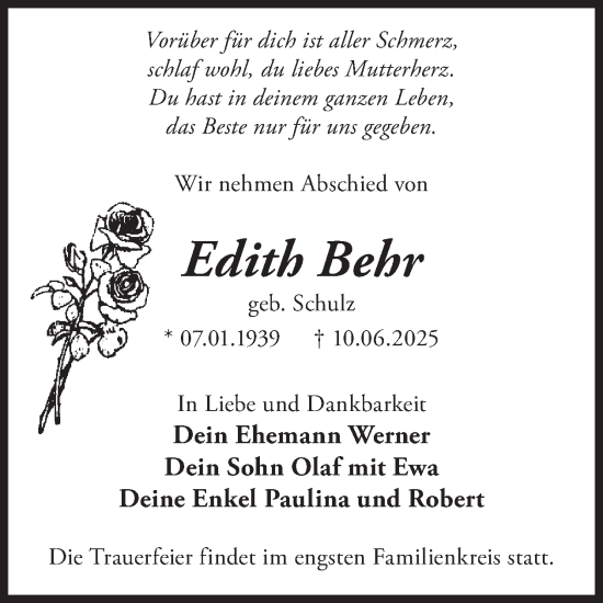 Traueranzeige von Edith Behr von WochenKurier