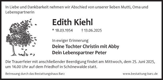 Traueranzeige von Edith Kiehl von WochenKurier