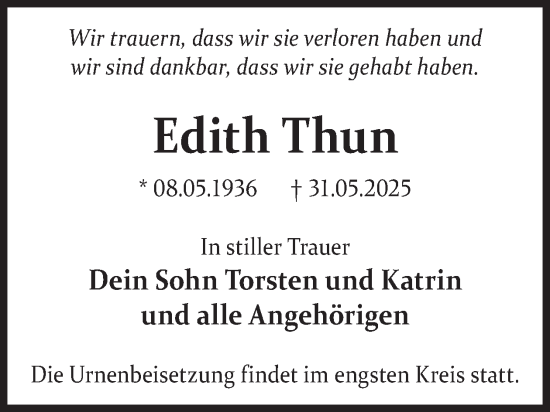 Traueranzeige von Edith Thun von WochenKurier