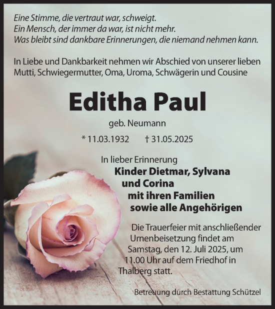 Traueranzeige von Editha Paul von WochenKurier