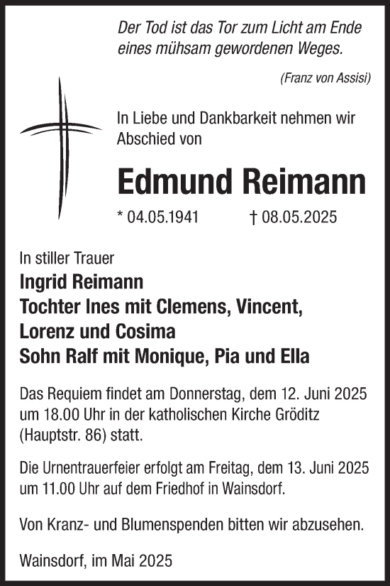 Traueranzeige von Edmund Reimann von WochenKurier