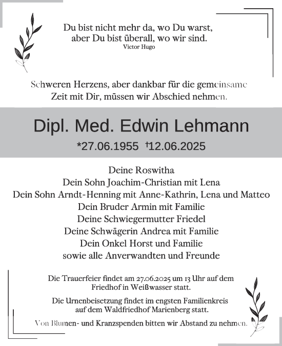 Traueranzeige von Edwin Lehmann von WochenKurier