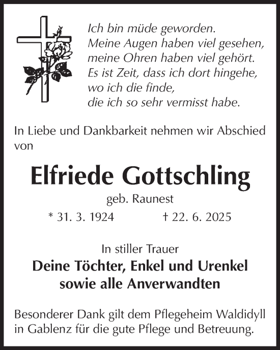 Traueranzeige von Elfriede Gottschling von WochenKurier