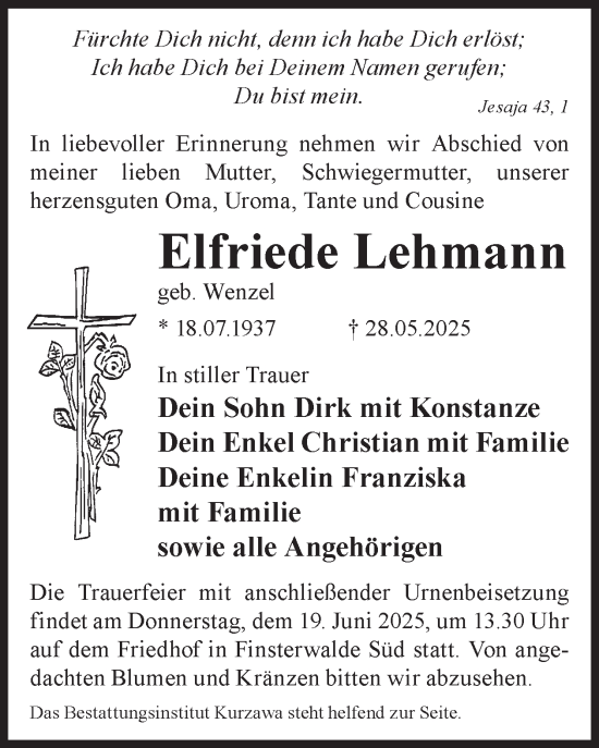 Traueranzeige von Elfriede Lehmann von WochenKurier