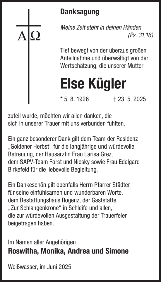 Traueranzeige von Else Kügler von WochenKurier