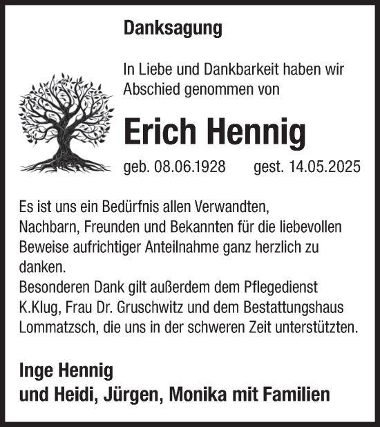 Traueranzeige von Erich Hennig von WochenKurier
