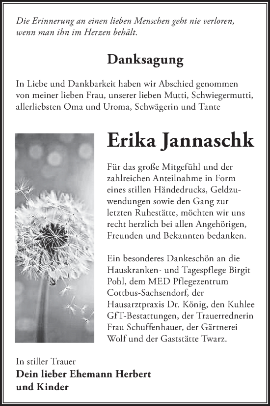 Traueranzeige von Erika Jannaschk von WochenKurier