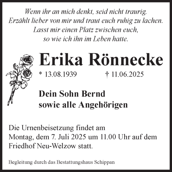 Traueranzeige von Erika Rönnecke von WochenKurier