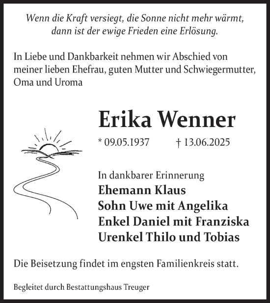 Traueranzeige von Erika Wenner von WochenKurier