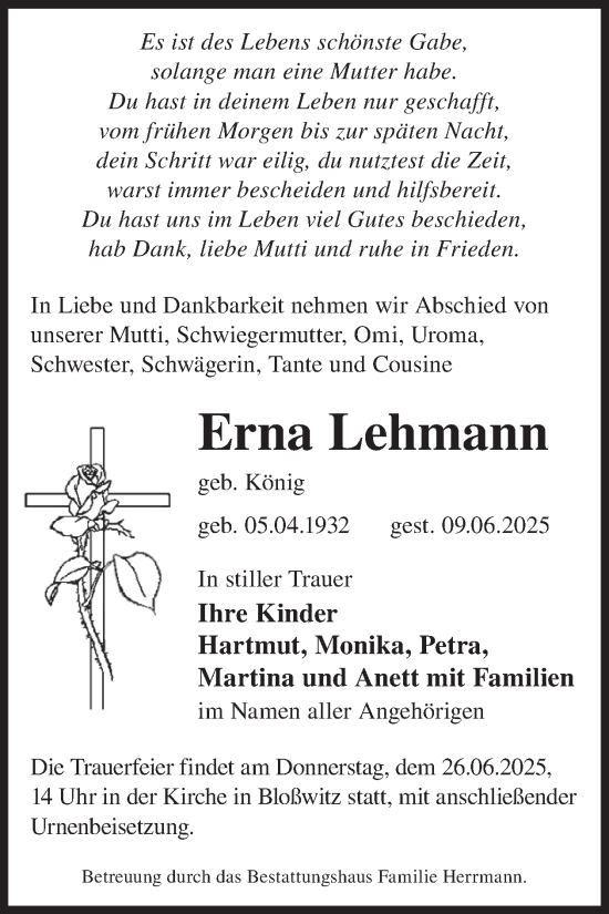 Traueranzeige von Erna Lehmann von WochenKurier