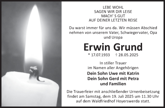 Traueranzeige von Erwin Grund von WochenKurier