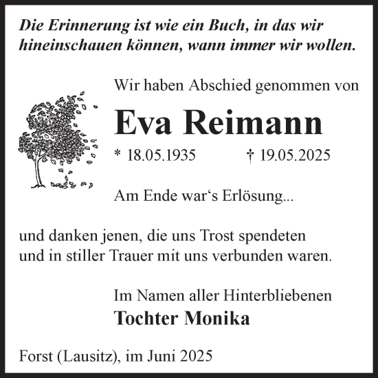 Traueranzeige von Eva Reimann von WochenKurier