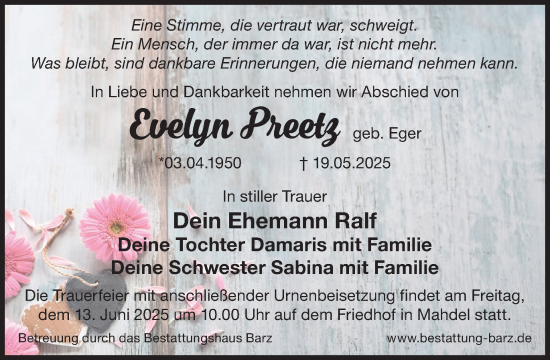 Traueranzeige von Evelyn Preetz von WochenKurier