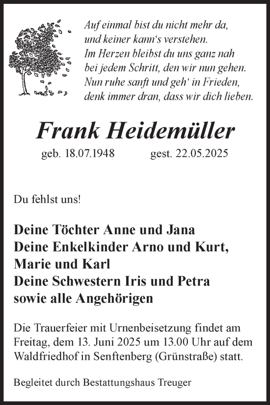 Traueranzeige von Frank Heidemüller von WochenKurier