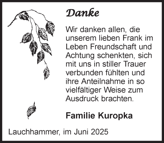 Traueranzeige von Frank Kuropka von WochenKurier
