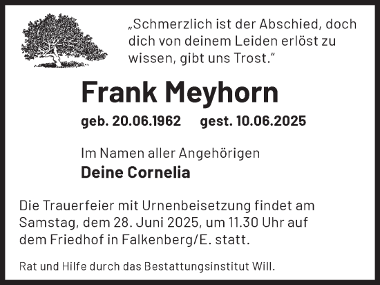 Traueranzeige von Frank Meyhorn von WochenKurier