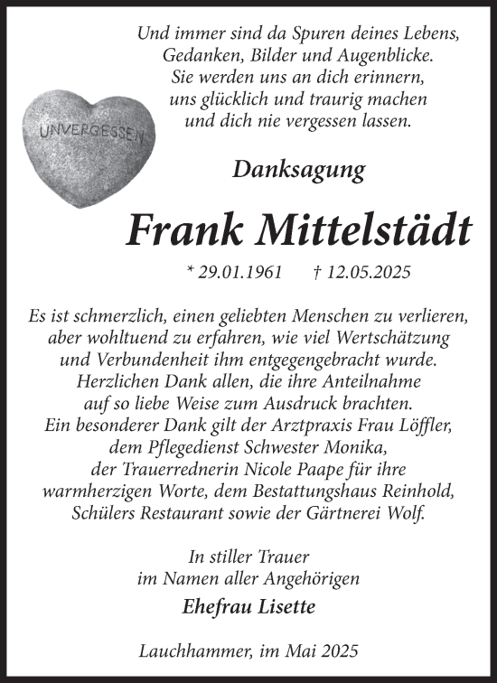 Traueranzeige von Frank Mittelstädt von WochenKurier