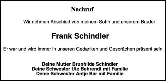 Traueranzeige von Frank Schindler von WochenKurier