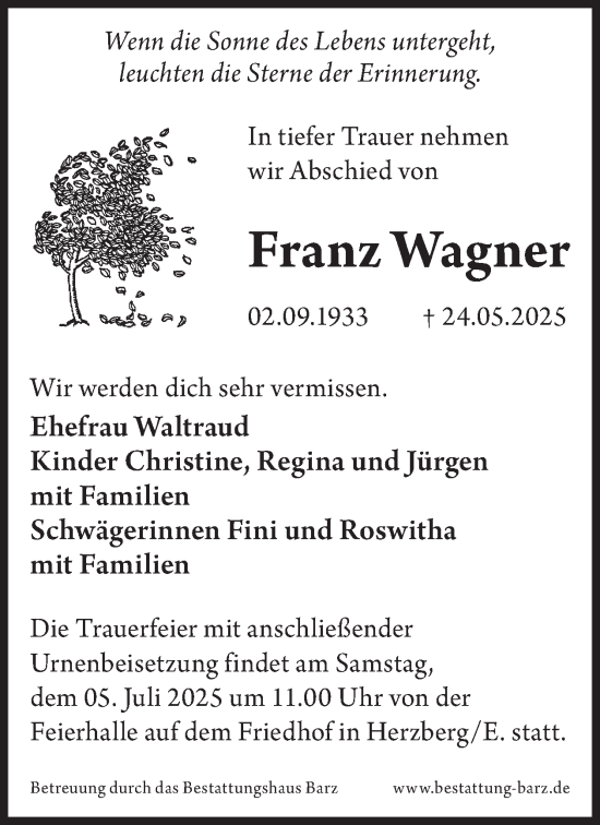 Traueranzeige von Franz Wagner von WochenKurier