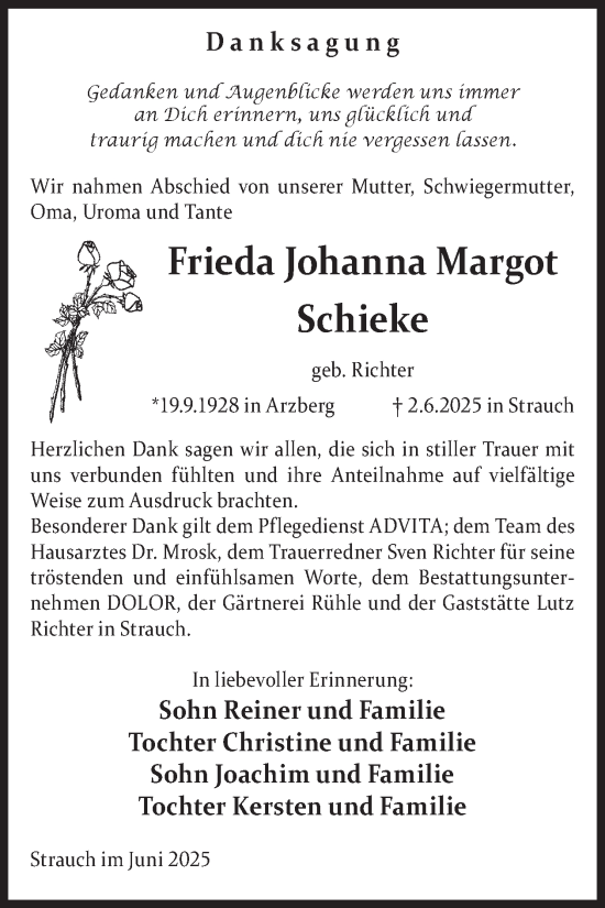 Traueranzeige von Frieda Johanna Margot Schieke von WochenKurier