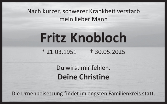 Traueranzeige von Fritz Knobloch von WochenKurier