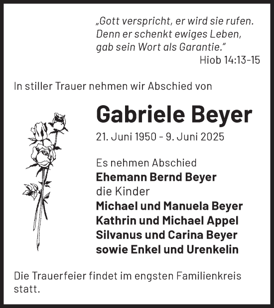 Traueranzeige von Gabriele Beyer von WochenKurier