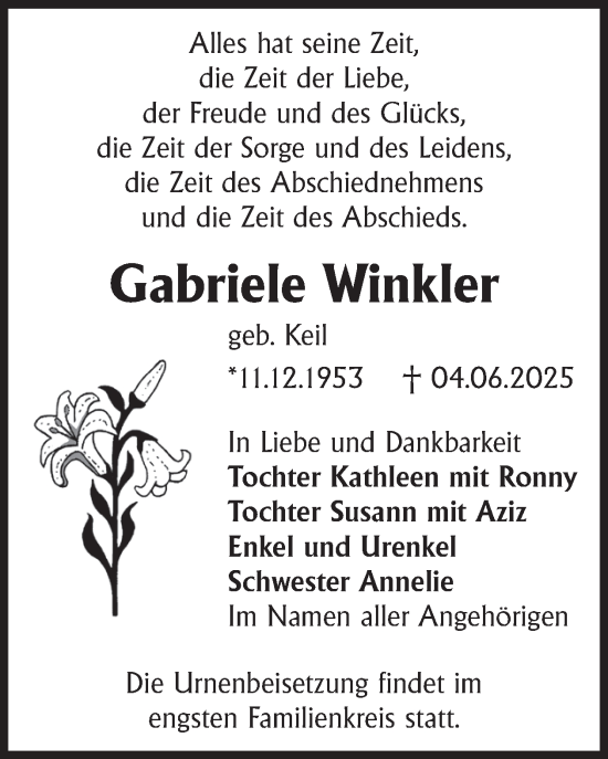 Traueranzeige von Gabriele Winkler von WochenKurier