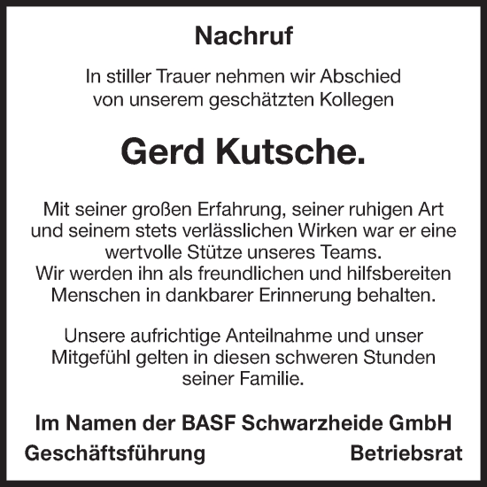 Traueranzeige von Gerd Kutsche von WochenKurier