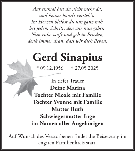 Traueranzeige von Gerd Sinapius von WochenKurier