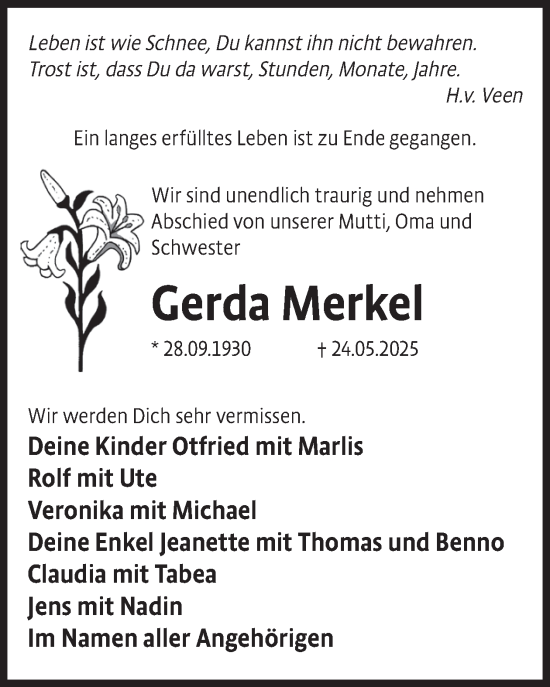 Traueranzeige von Gerda Merkel von WochenKurier