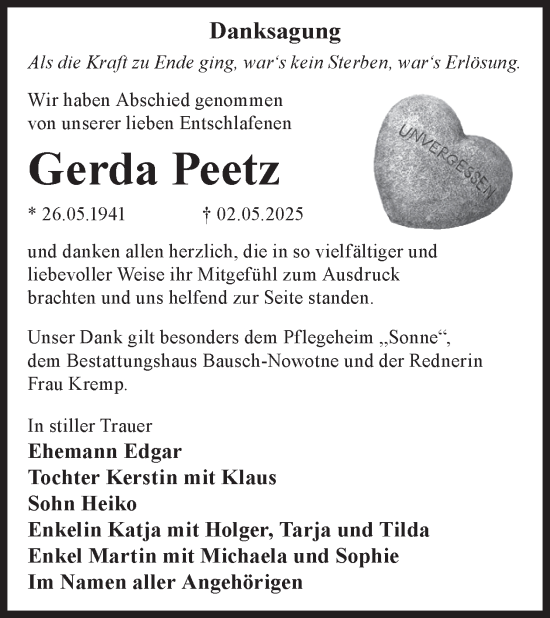 Traueranzeige von Gerda Peetz von WochenKurier