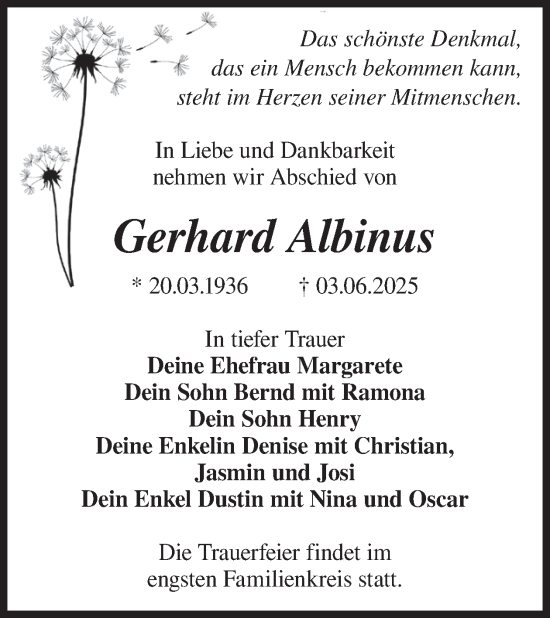 Traueranzeige von Gerhard Albinus von WochenKurier