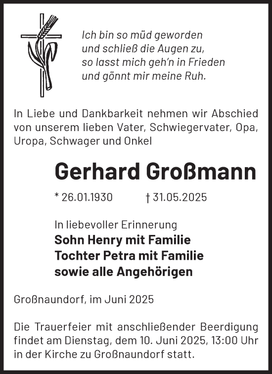 Traueranzeige von Gerhard Großmann von WochenKurier