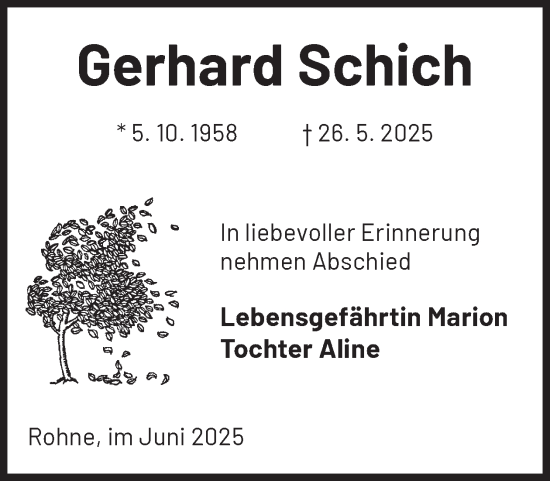 Traueranzeige von Gerhard Schich von WochenKurier