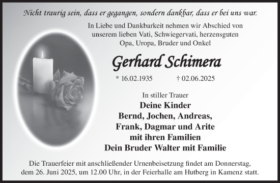 Traueranzeige von Gerhard Schimera von WochenKurier
