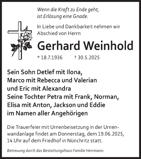 Traueranzeige von Gerhard Weinhold von WochenKurier