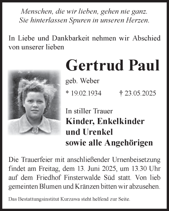 Traueranzeige von Gertrud Paul von WochenKurier