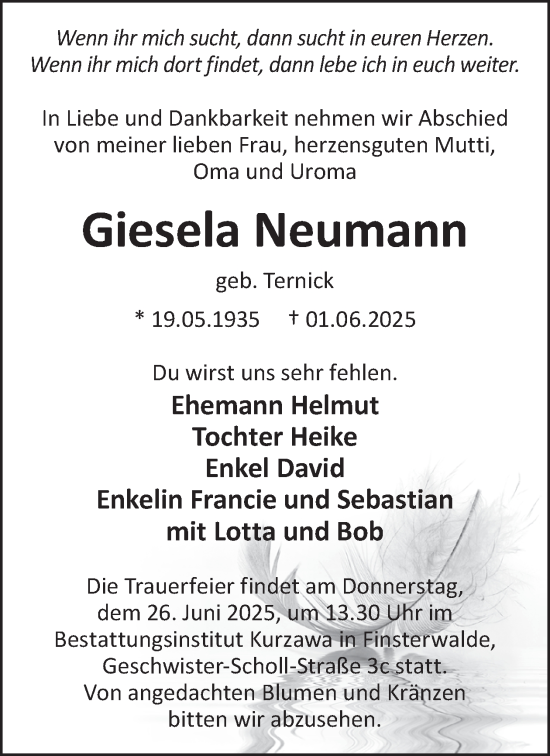 Traueranzeige von Giesela Neumann von WochenKurier