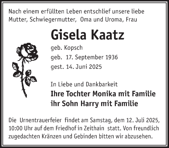 Traueranzeige von Gisela Kaatz von WochenKurier