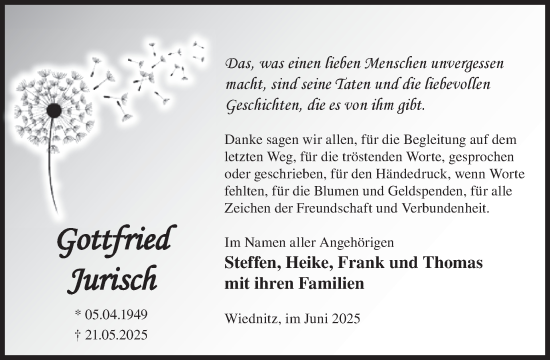 Traueranzeige von Gottfried Jurisch von WochenKurier