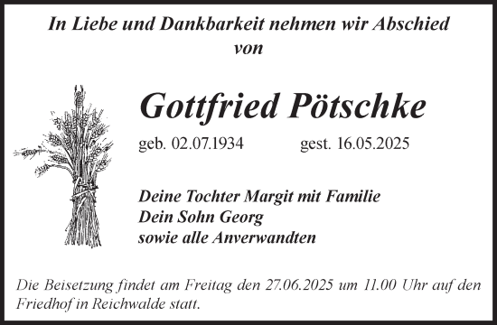 Traueranzeige von Gottfried Pötschke von WochenKurier