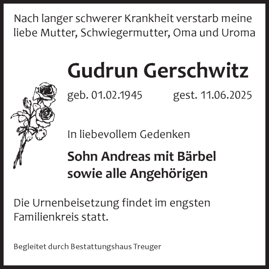 Traueranzeige von Gudrun Gerschwitz von WochenKurier
