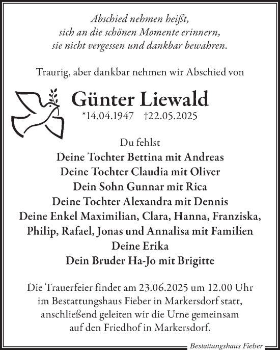 Traueranzeige von Günter Liewald von WochenKurier