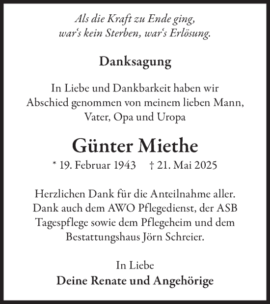 Traueranzeige von Günter Miethe von WochenKurier