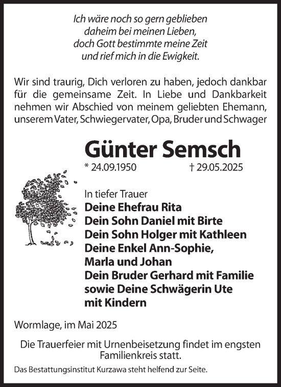 Traueranzeige von Günter Semsch von WochenKurier