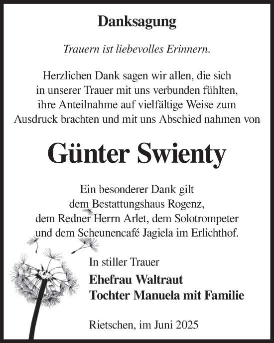 Traueranzeige von Günter Swienty von WochenKurier