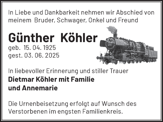 Traueranzeige von Günther Köhler von WochenKurier