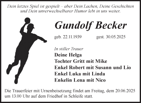 Traueranzeige von Gundolf Becker von WochenKurier