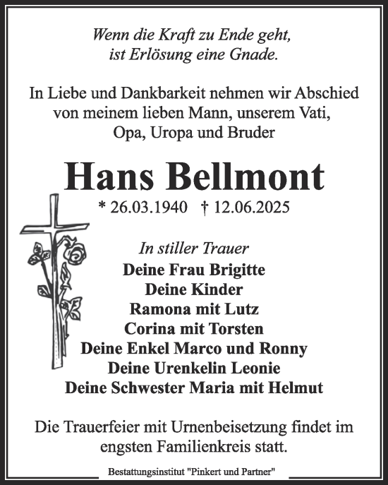 Traueranzeige von Hans Bellmont von WochenKurier