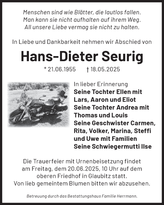 Traueranzeige von Hans-Dieter Seurig von WochenKurier